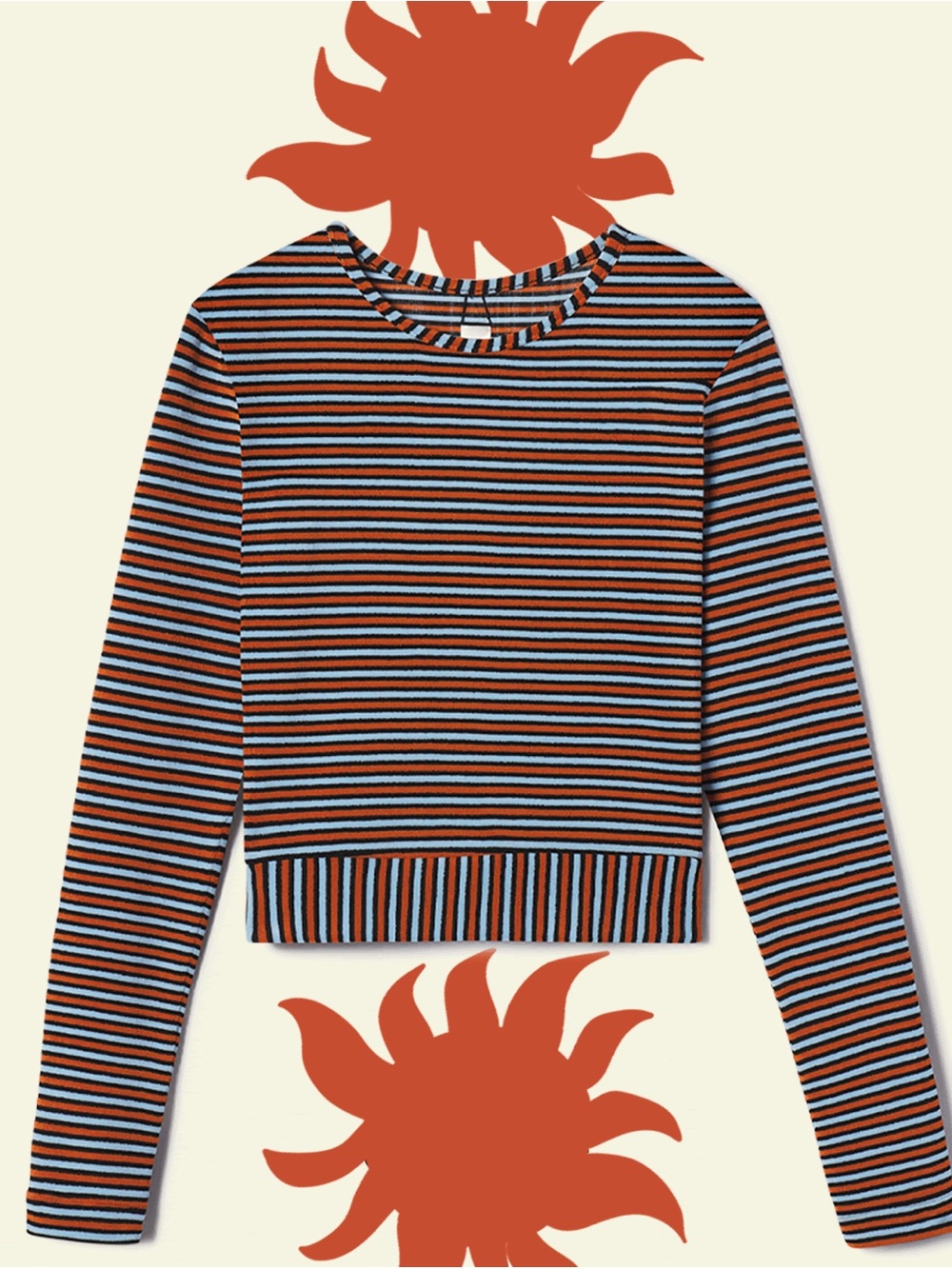 Sea Striped Cropped Crewneck Sweater — Rust, Light Blue & Black